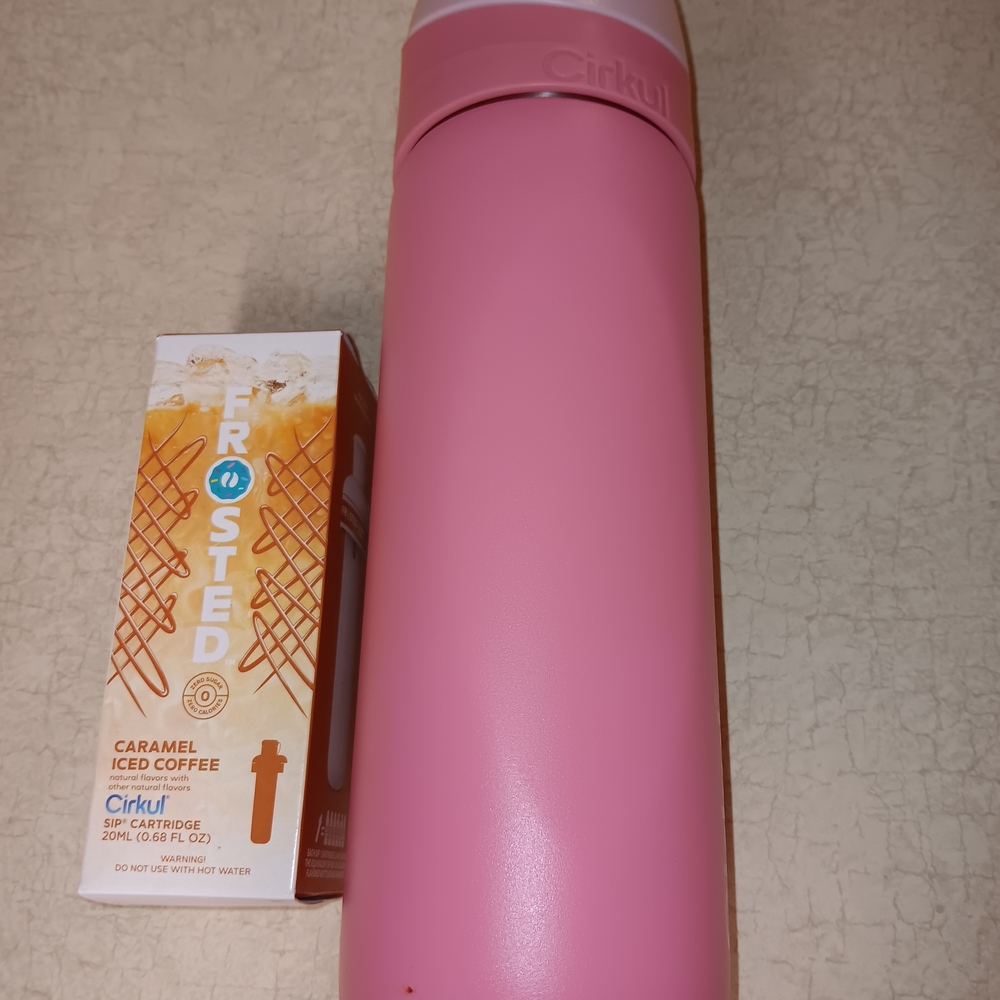 Pink Water Bottle with Caramel Iced Coffee Sip